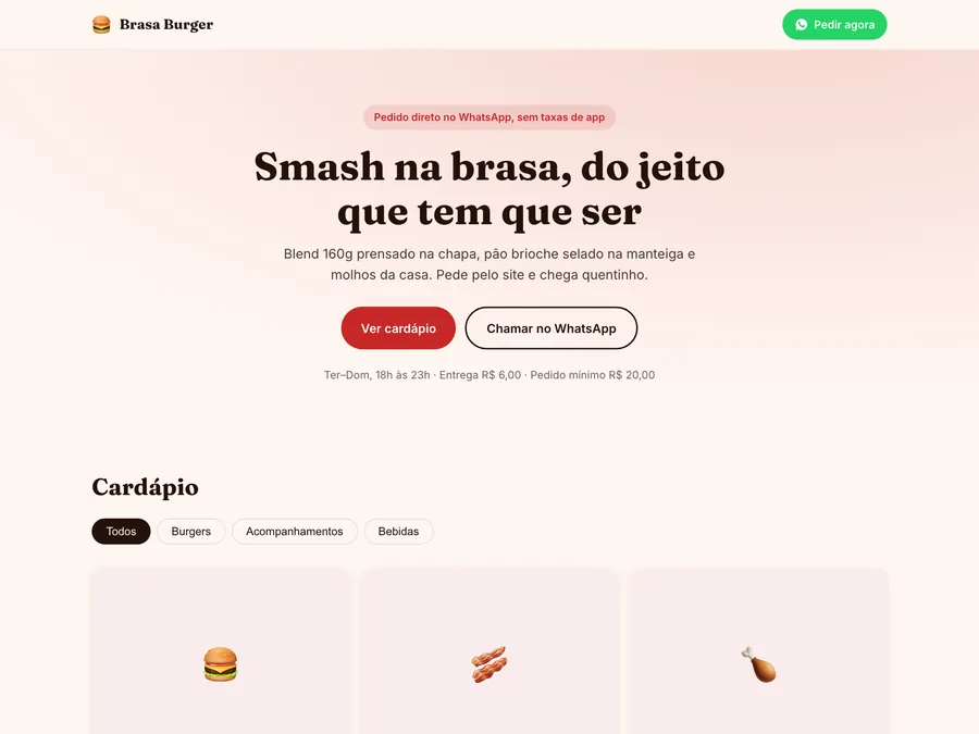 Página inicial do site de demonstração Brasa Burger